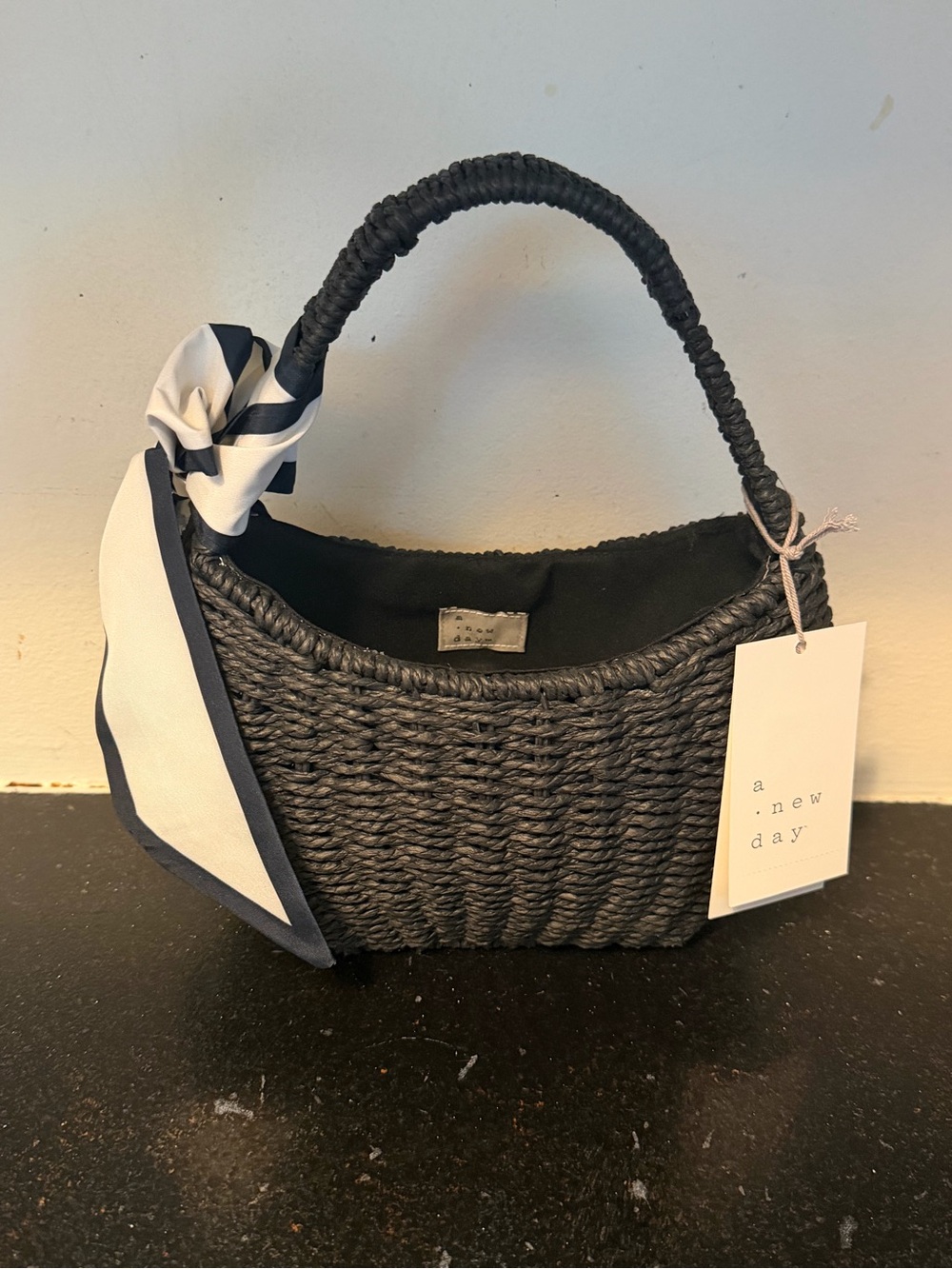 Straw Mini Bag with Bow - A New Day Black Woven Paper Straw Structured NWT